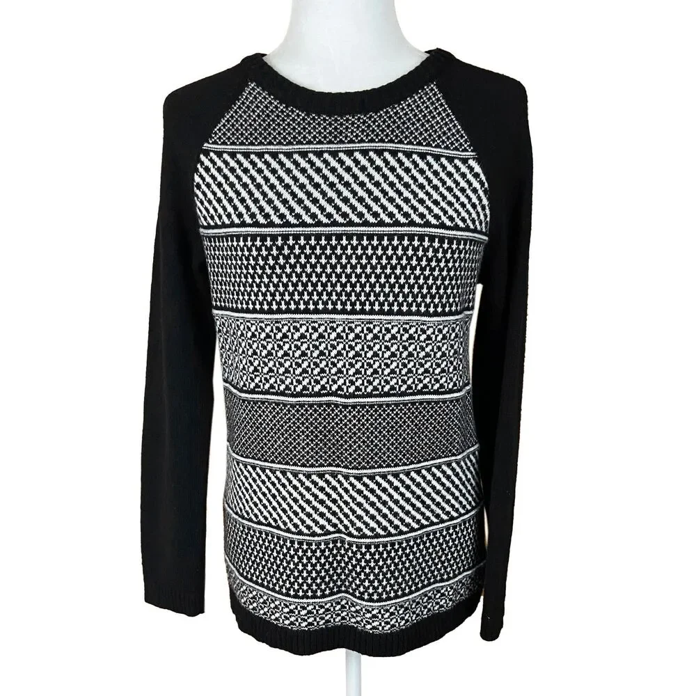 Talbots Crew Neck Sweater Size M Black White Geometric Knit Lambswool Blend